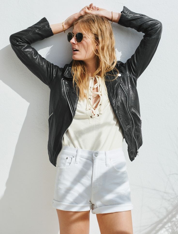 Madewell Libra Lace-Up Tee, Fest Aviator Sunglasses and Motorcycle Jacket