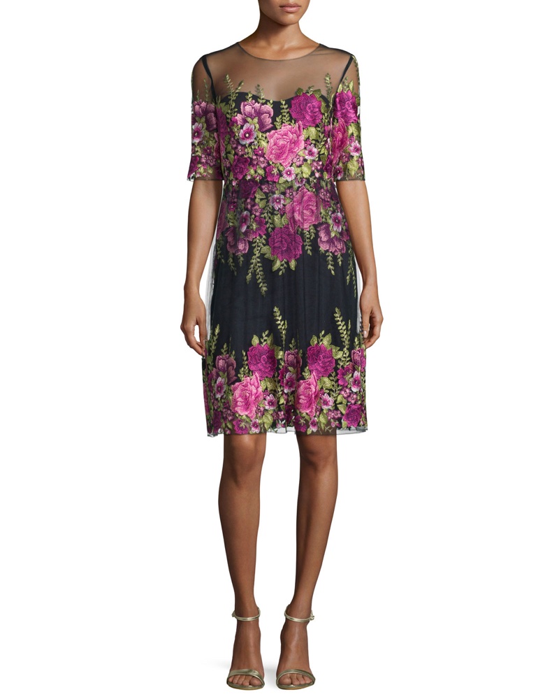 Marchesa Notte Half Sleeve Floral Embroidered Popover Dress