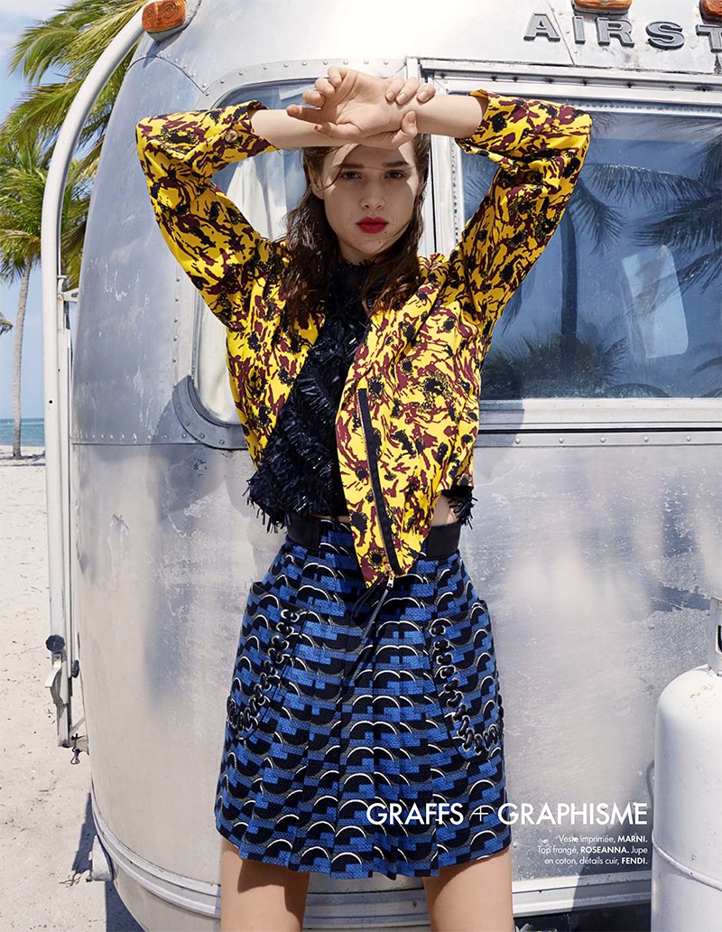 Mixing prints, Anais models Marni jacket, Roseanna fringe top and Fendi printed skirt