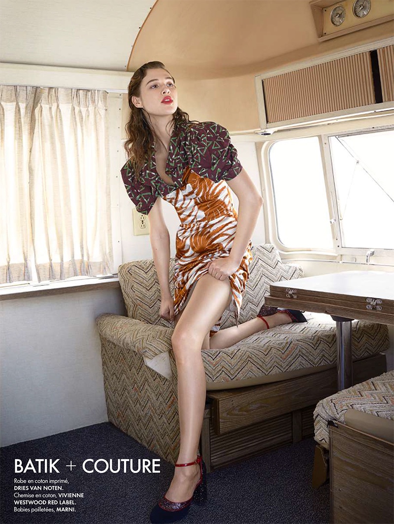 Inside an RV, Anais models a Drien Van Noten dress, Vivienne Westwood Red Label shirt with Marni heels