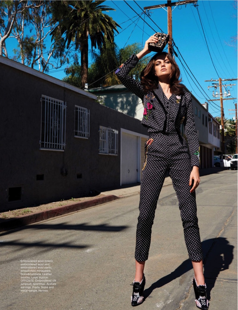 Barbara suits up in a wool polka dot print jacket and pants from Dolce & Gabbana