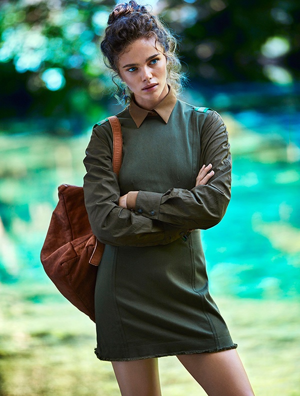 Photographed by Tomás de la Fuente, Jena poses outdoors in styles with neutral hues