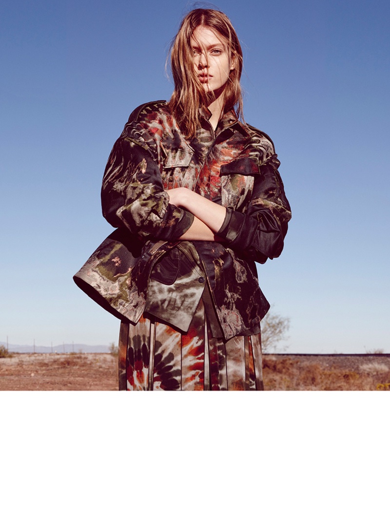 Photographed by Nagi Sakai, the model poses in Marfa, Texas, wearing the spring collections