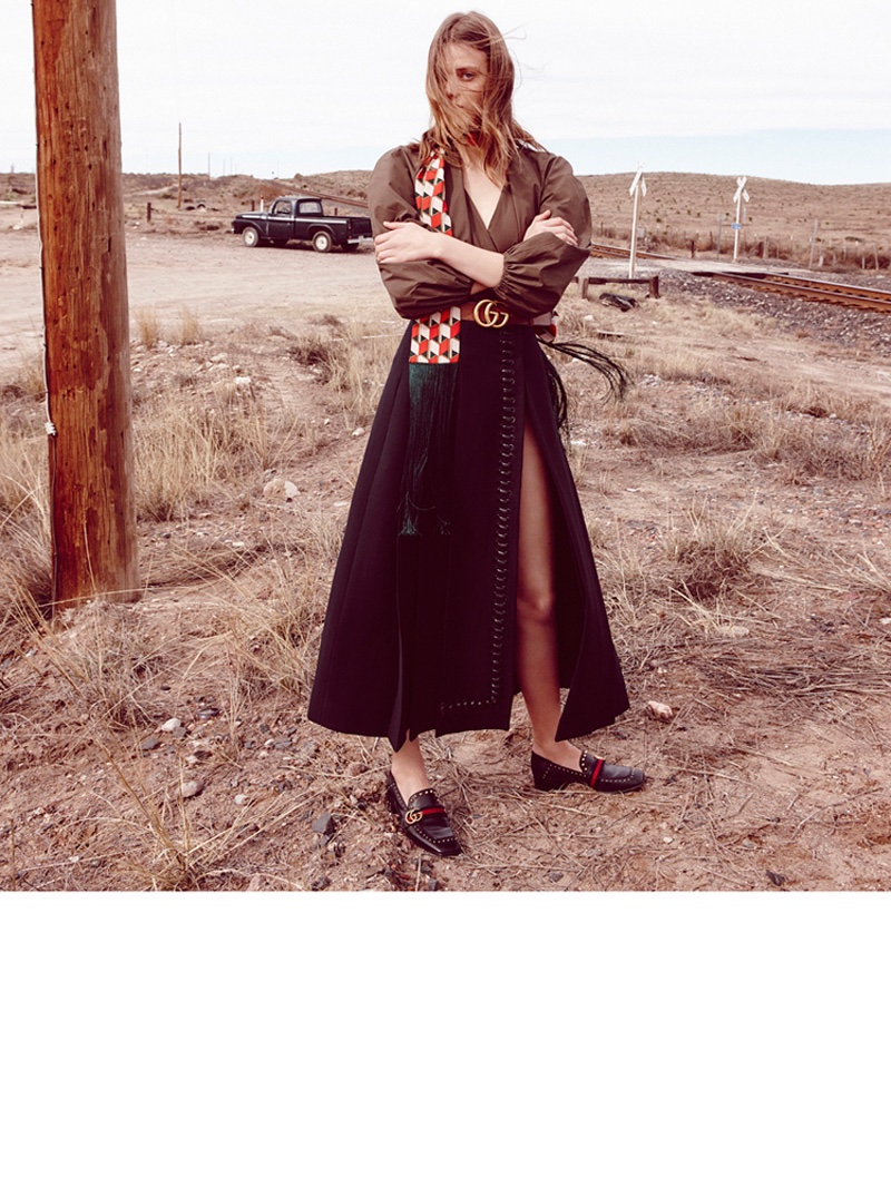 Tess Hellfeuer goes outdoors in a Fendi blouse, long skirt and Gucci loafers