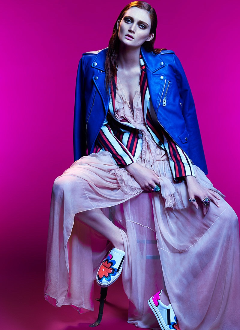 Sophie layers up in Coach 1941 moto jacket, striped Smythe blazer, Roberto Cavalli dress and Roger Vivier slip-on shoes