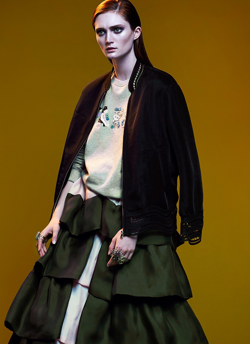 Sophie wears Emilio Pucci jacket with MSGM sweater, Delpozo skirt and Walter Steiger sneakers
