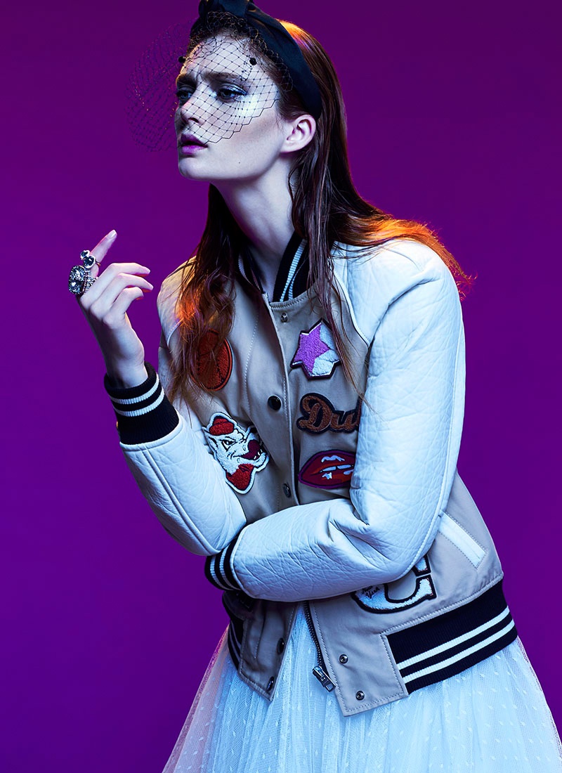 Sophie poses in Coach jacket with Romona Keveza dress and Eugenia Kim headband