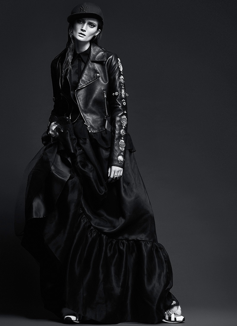  Sophie wears Fausto Puglisi embellished leather jacket with Rochas dress and Pierre Hardy shoes