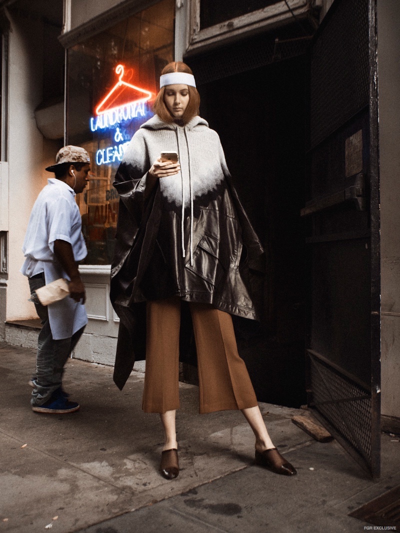 Alexander Wang Poncho, Theory Pant, Stuart Weitzman Mules, Eugenia Kim Neoprene Headband