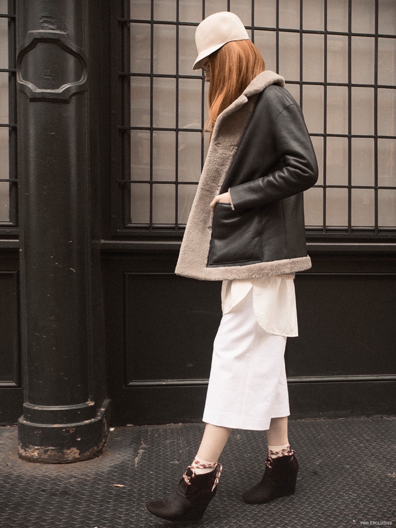 Kate Spade Madison Avenue Collection Shearling Coat (worn over) Marc Jacobs Sweater and 3.1 Phillip Lim Shirt Dress