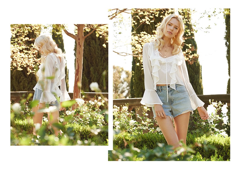 For Love & Lemons Eva Blouse, For Love & Lemons Ruby Underwire Bralette and Denim x Alexander Wang Bite High Rise Frayed Shorts