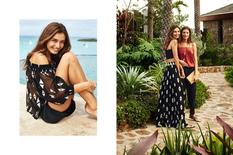 (Left) H&M Off-the-Shoulder Blouse (Right) (On Andreea) H&M Bustier Top, Patterned Maxi Skirt and Sandals (On Cameron) H&M Satin Camisole Top, Harem Pants, Braided Clutch Bag and Sandals