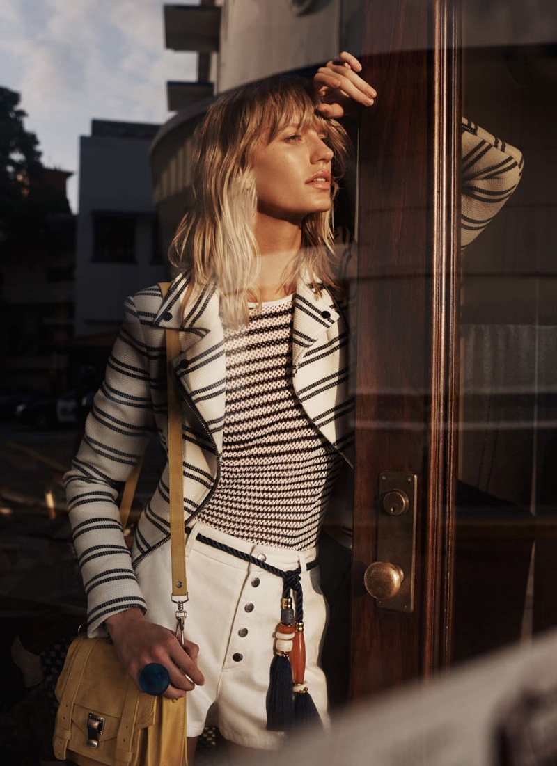Veronica Beard Hadley Chevron Moto Jacket, Rag & Bone / JEAN Brenna Cold Shoulder Striped Knit and Rag & Bone Branson Short