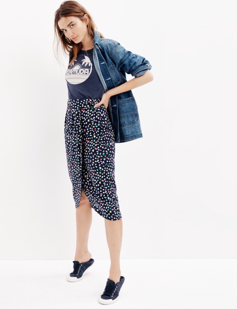 J. Crew Point Sur Workwear Denim Jacket, Bermuda Garment-Dyed T-Shirt, Tulip Skirt in Ratti Happy Cat Print and Tretorn Canvas T56 Sneakers