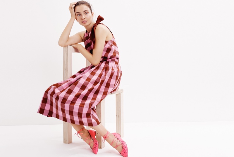 J. Crew Bow-Shoulder Top in Oversized Gingham, Cotton Midi Skirt and Leather Eyelet Lace-Up Flats