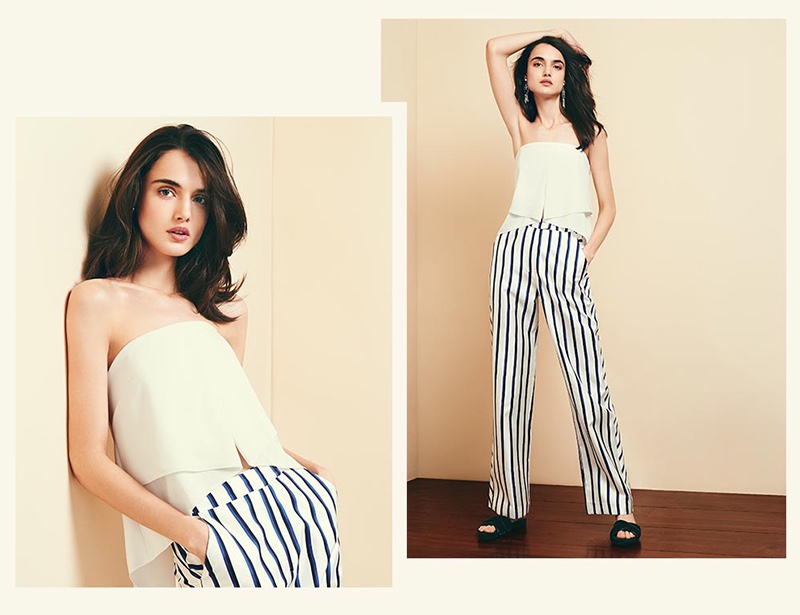 Nicholas Crepe Drape Front Bustier, Nicholas Dual Stripe Wide Leg Pants Dannijo Andreas Earrings and Opening Ceremony Alixx Crisscross Slides