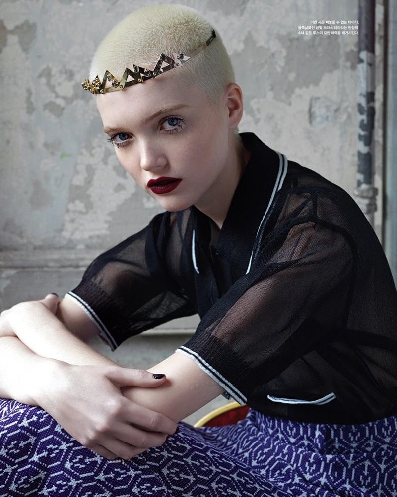 Ruth Bell poses in Miu Miu collared top with metallic headband