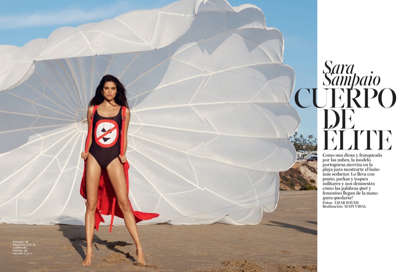 Sara Sampaio wears Moschino swimsuit