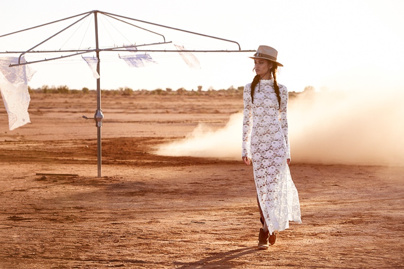 Shanina Shaik wears Spell's Rosamund lace maxi dress