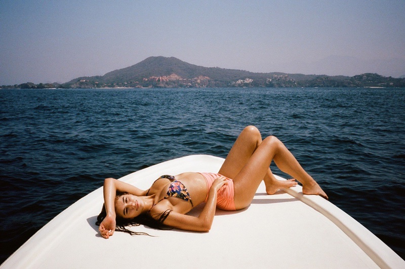 Out From Under Printed Triangle Racerback Bikini Top in blue and Out From Under Solid Ruched High-Waisted Bikini Bottom in Peach