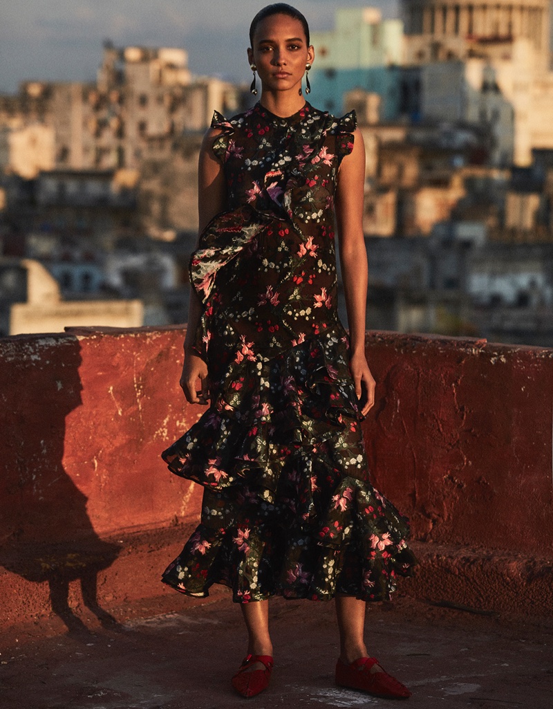 Cora Emmanuel models ruffle embellished dress from Erdem