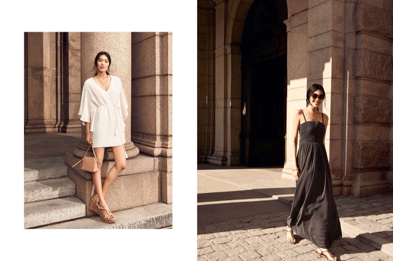 (Left) H&M Dress with Butterfly Sleeves, Small Shoulder Bag, Chiffon Maxi Dress and Wedge-Heeled Sandals (Right) H&M Round Sunglasses, Chiffon Maxi Dress and Thong Sandals