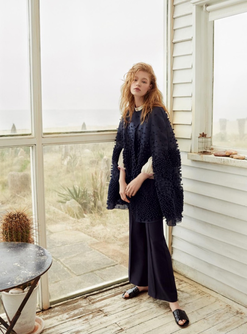 Hollie-May Saker models cape, shirt and twill jumpsuit from Roksanda