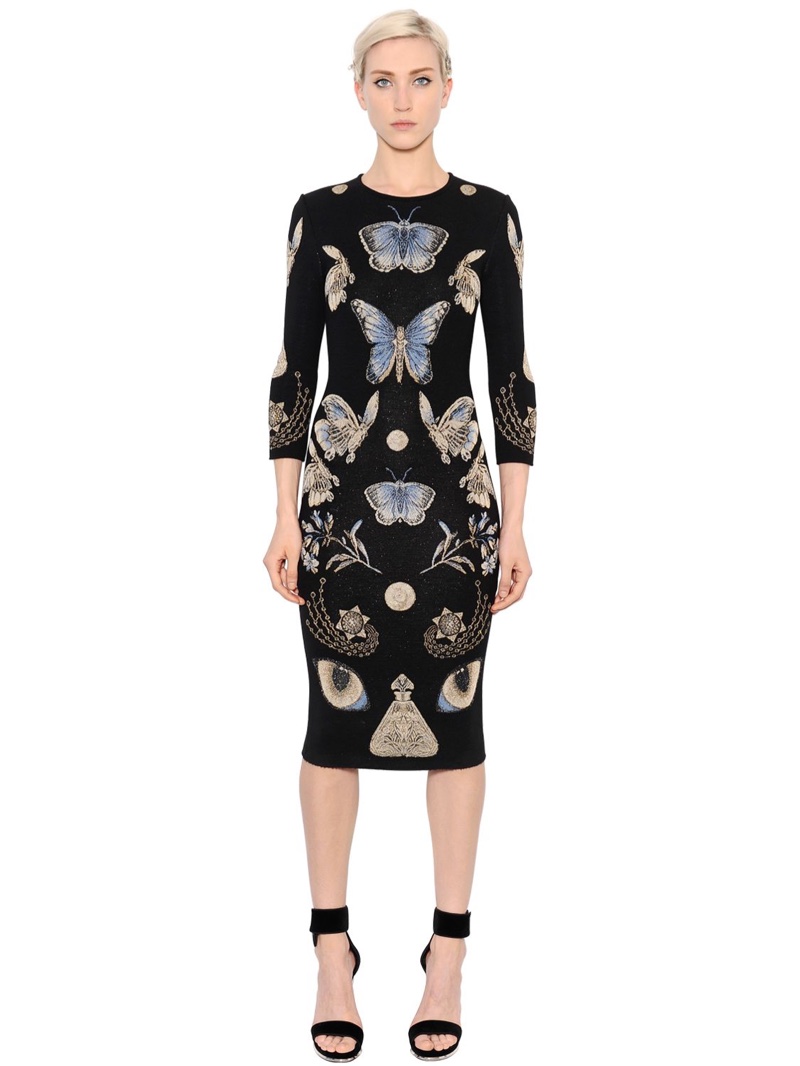 Alexander McQueen Butterfly Wool Blend Jacquard Knit Dress
