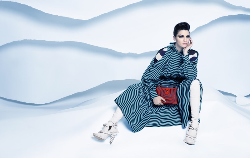 Kendall Jenner wears striped maxi dress and clutch bag in Fendi's fall 2016 campaign