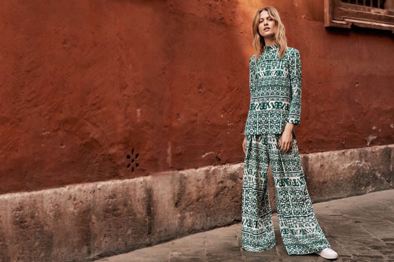 H&M Blouse with Standup Collar and Printed Trousers