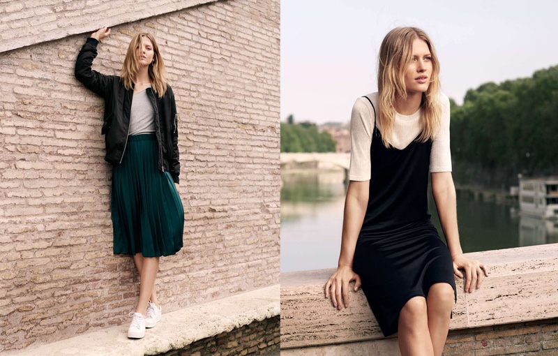 (Left) H&M Pilot Jacket, Linen Jersey Top, Pleated Skirt and Sneakers (Right) H&M Jersey Top and Slip Dress