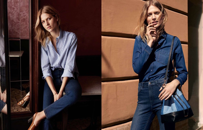 (Left) H&M Cotton Shirt, High-Waist Jeans and Patent Leather Sandals (Right) H&M Denim Shirt, Slim-Fit High-Waist Pants and Denim Bucket Bag