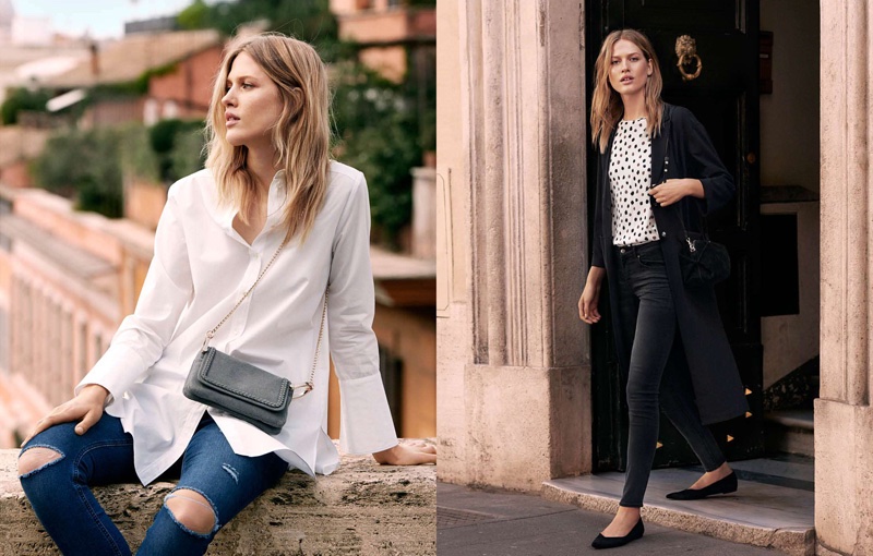 (Left) H&M Long Cotton Shirt, Superstretch Pants and Shoulder Bag (Right) H&M Creped Coat, Short Sleeve Blouse, Slim-Fit Pants, Ballet Flats and Suede Shoulder Bag