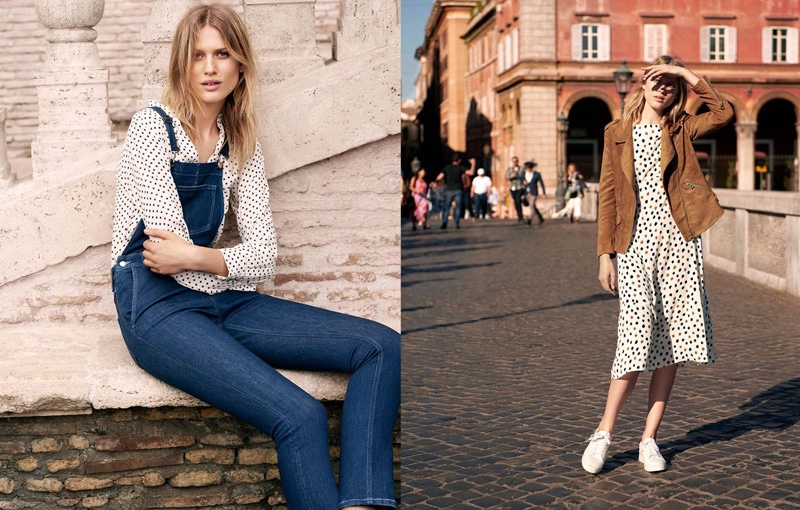 (Left) H&M V-Neck Blouse and Denim Overalls (Right) H&M Imitation Suede Biker Jacket, Printed Dress and Sneakers