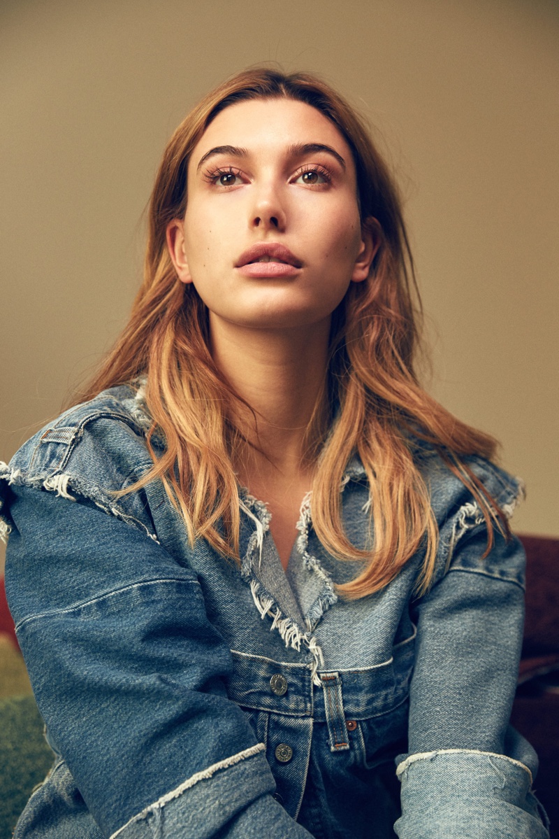 Hailey Baldwin models distressed denim jacket from Maryam Nassir Zadeh