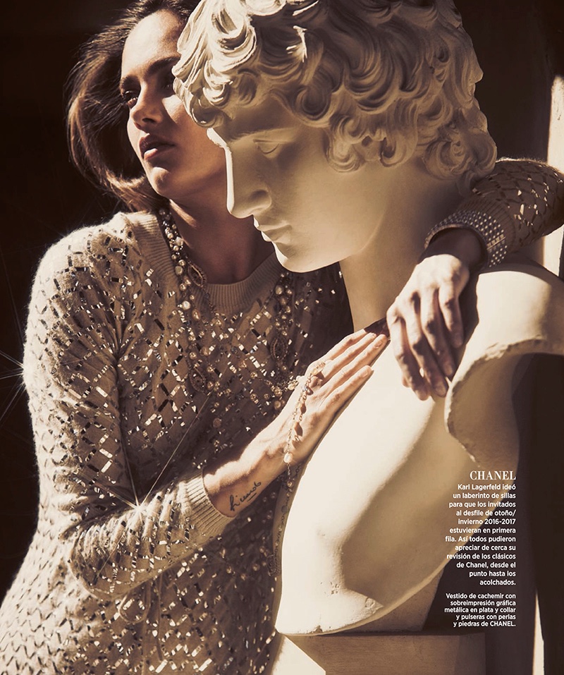 Karmen Pedaru poses in embroidered dress from Chanel
