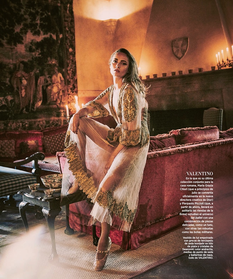 Karmen Pedaru poses in embroidered Valentino dress with ballet shoes