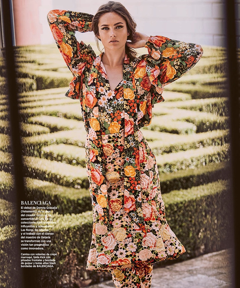 Karmen Pedaru models floral print Balenciaga dress