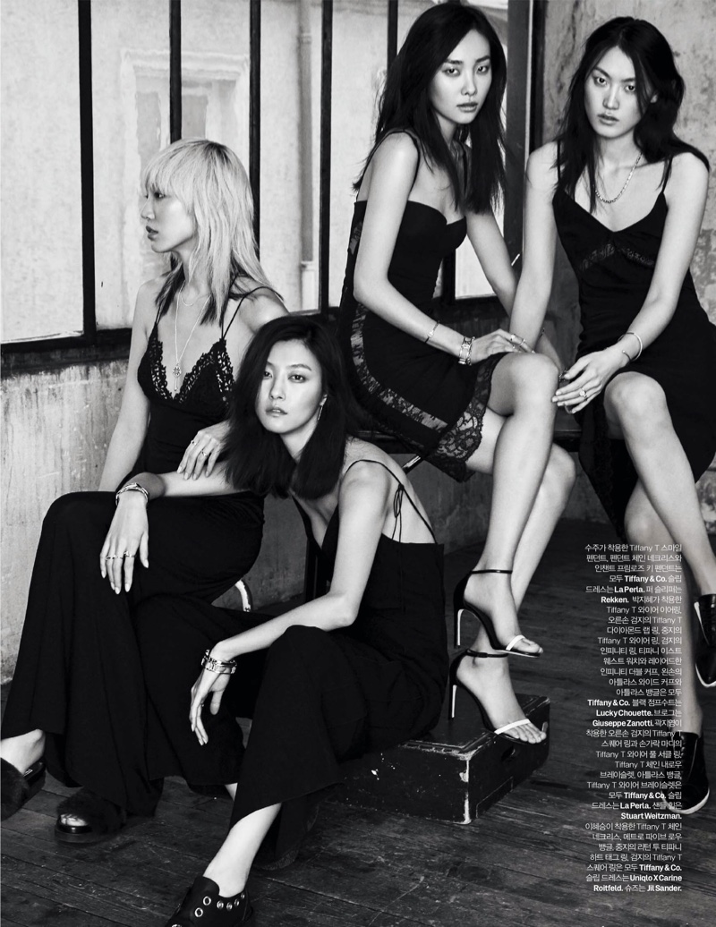 The Korean models pose in black and white wearing lace embellished dresses