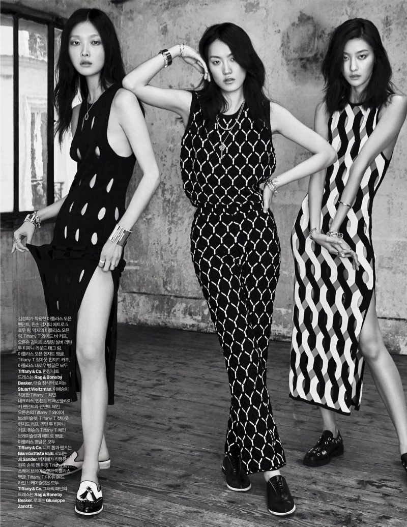 The top models wear graphic prints in the fashion editorial