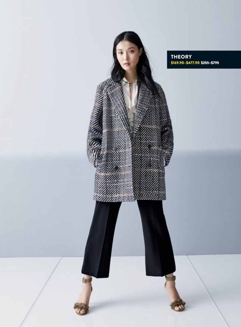 Joie Leather Sandals, Theory Graphic Tweed Coat and Flare Crop Pants.