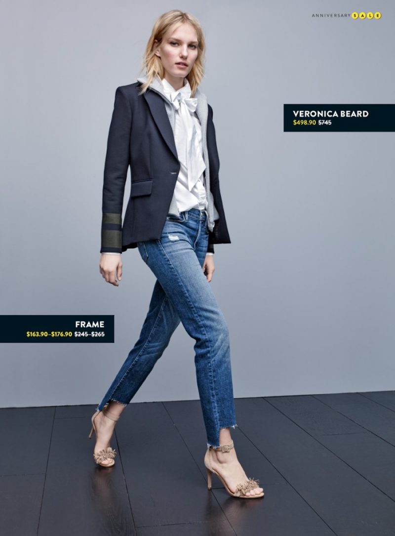 Veronica Beard Cutaway Jacket, Joie Leather Sandals, Frame Removable Tie Blouse and Le High Straight High Rise Staggered Hem Jeans.