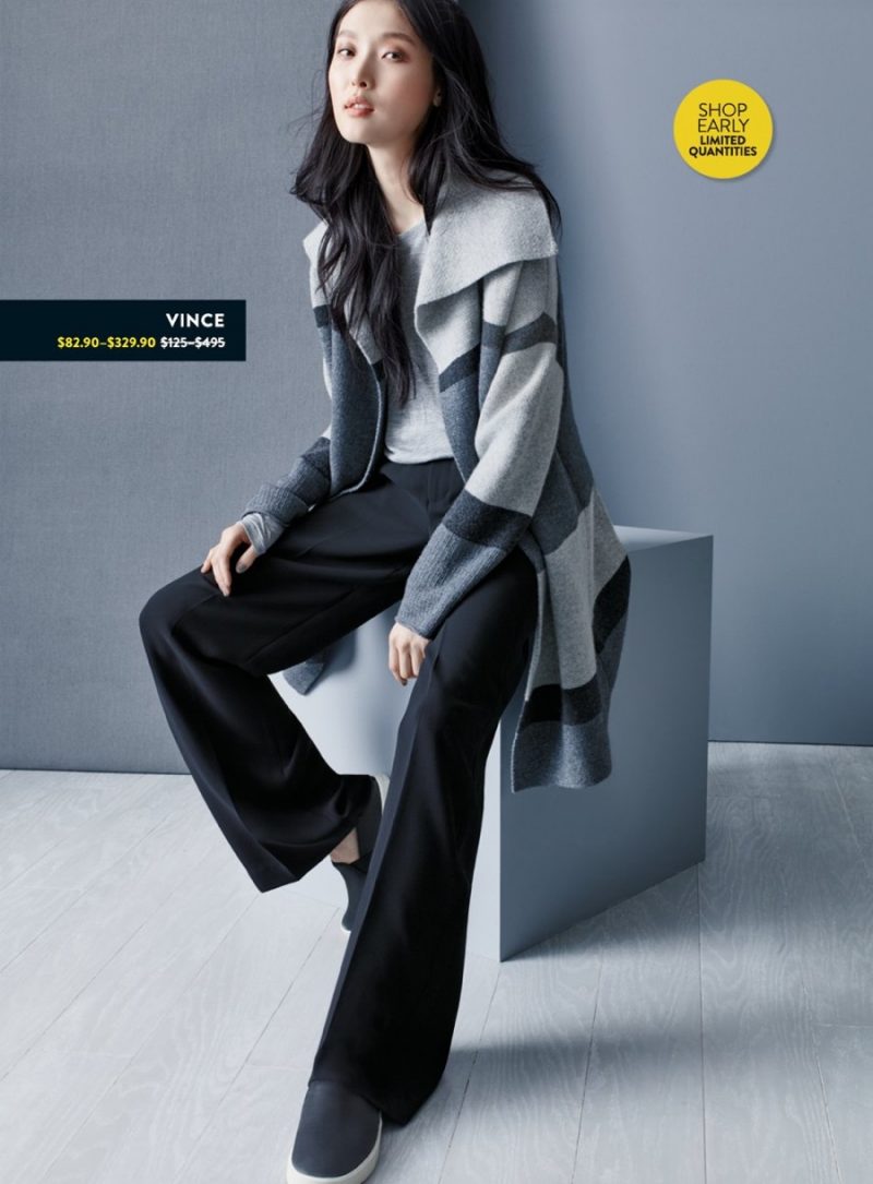 Vince Crewneck, Colorblock Car Coat, Wide Leg Trousers and Slip On Sneakers.