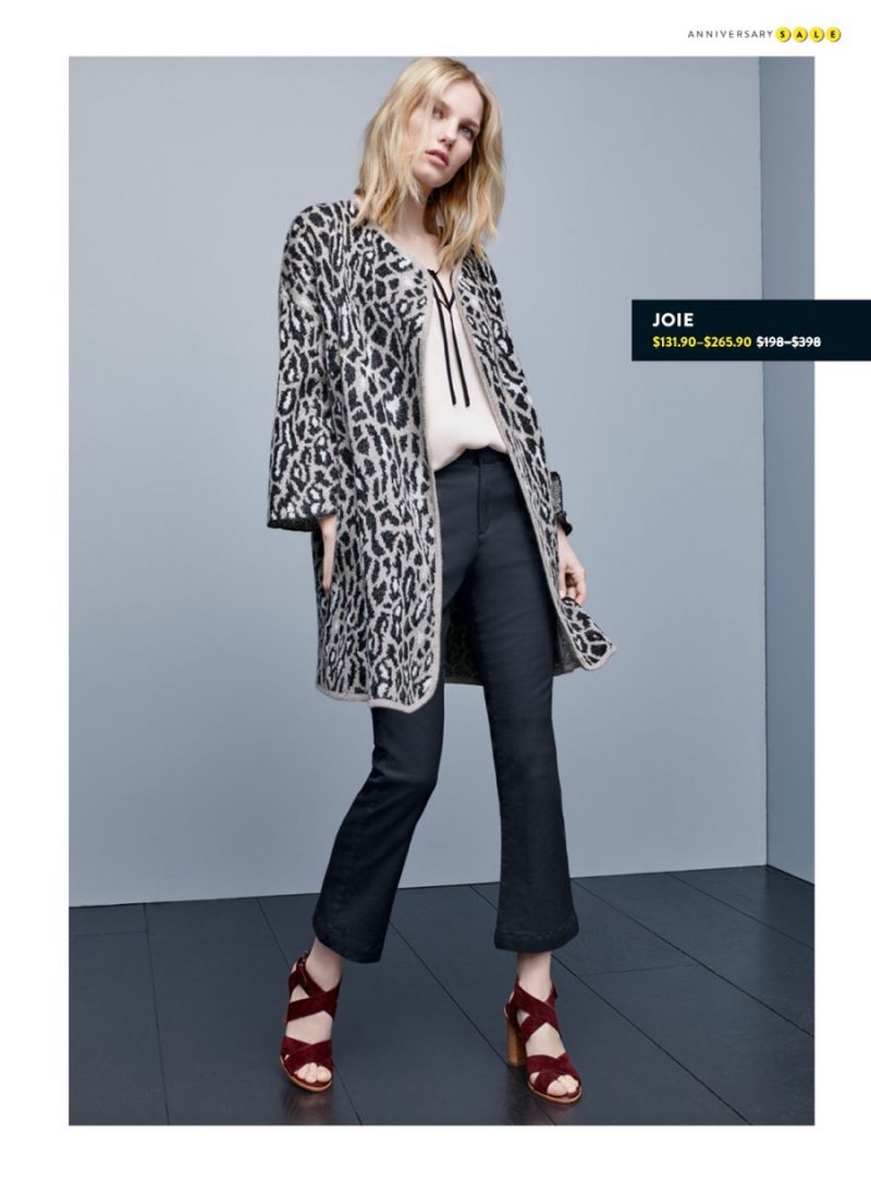 Joie Silk Blouse, Leopard Open Front Sweater, Flare Leg Pants and Block Heel Sandals.