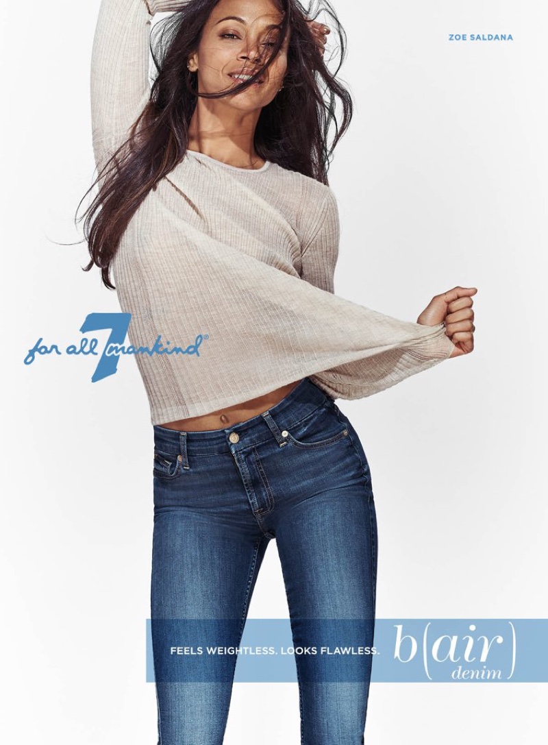 Zoe Saldana poses in barely there denim for 7 for All Mankind