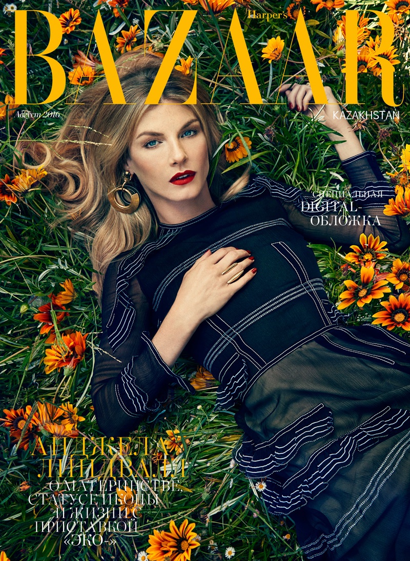 Angela Lindvall na Bazaar Cazaquistão agosto 2016 Capa de Harper