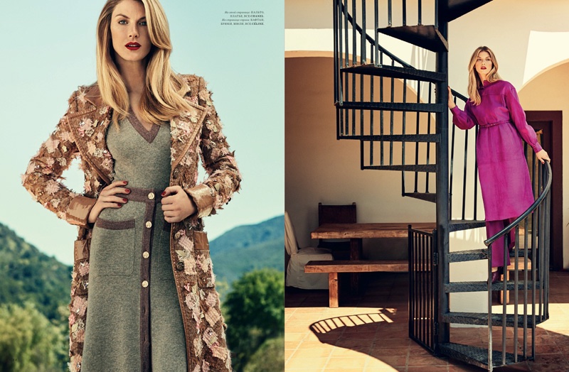 (Left) Angela Lindvall wears Chanel jacket and knit dress (Right) The model wears Celine tunic, trousers and mules