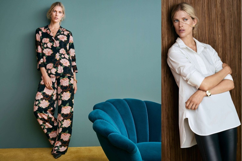 (Left) H&M Patterned Blouse, Wide-Leg Satin Pants and Leather Pumps (Right) H&M Long Cotton Shirt and Coated Treggings