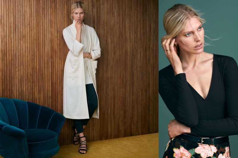 (Left) H&M Creped Coat, Ribbed Tunic, Skinny Low Ankle Jeans and Strappy Sandals (Right) H&M V-Neck Bodysuit, Belt and Wide-Leg Satin Pants