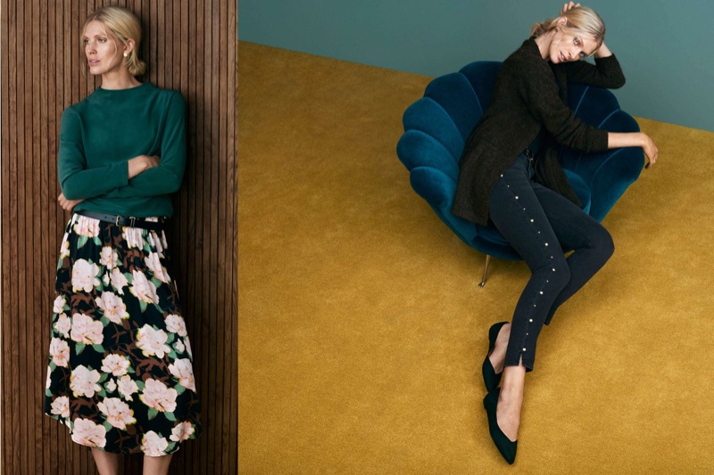 (Left) H&M Long-Sleeved Silk Blouse, Belt and Patterned Skirt (Right) H&M Mohair-Blend Cardigan, Slim Regular Ankle Jeans and Ballet Flats